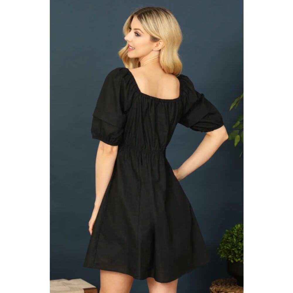 Black Cutout Mini Dress Tie Waist Puff Sleeve - Picture 4 of 6